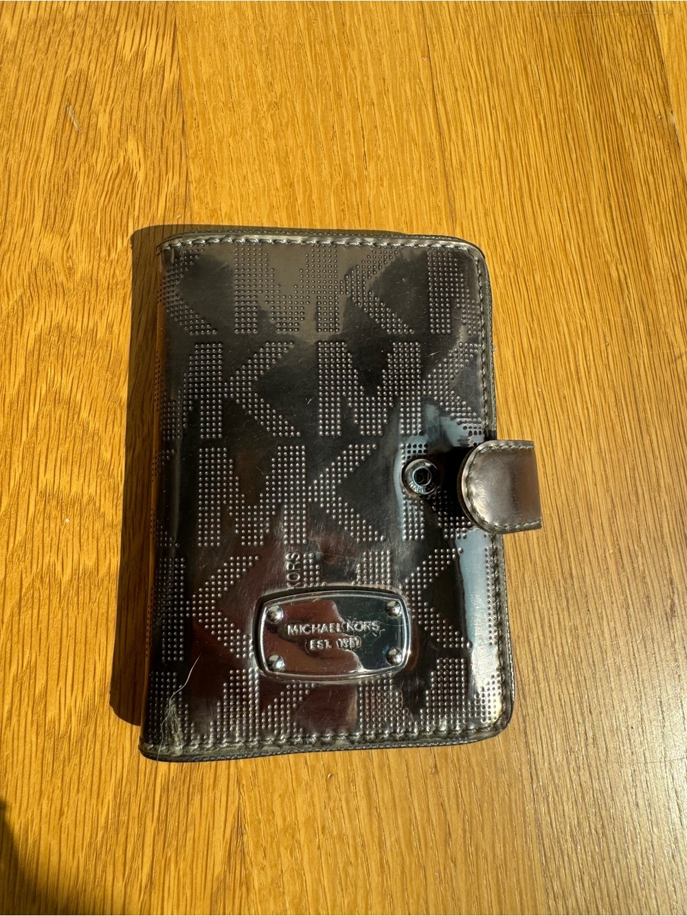 Michael Kors platinum Patent Wallet-Style passport  with MK Logo